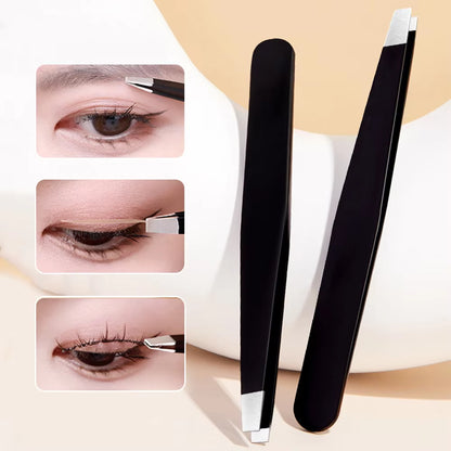 Premium Stainless Steel Black Eyebrow Tweezers with Slant and Flat Tips for Precision Hair Removal