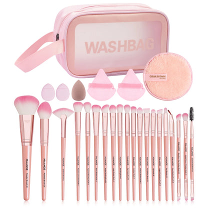 27-Piece Professional Makeup Tools Kit with 20-Piece Foundation, Contour, and Blush Brush Set, Triangle Powder Puff, Makeup Remover Puff, and Travel Bag