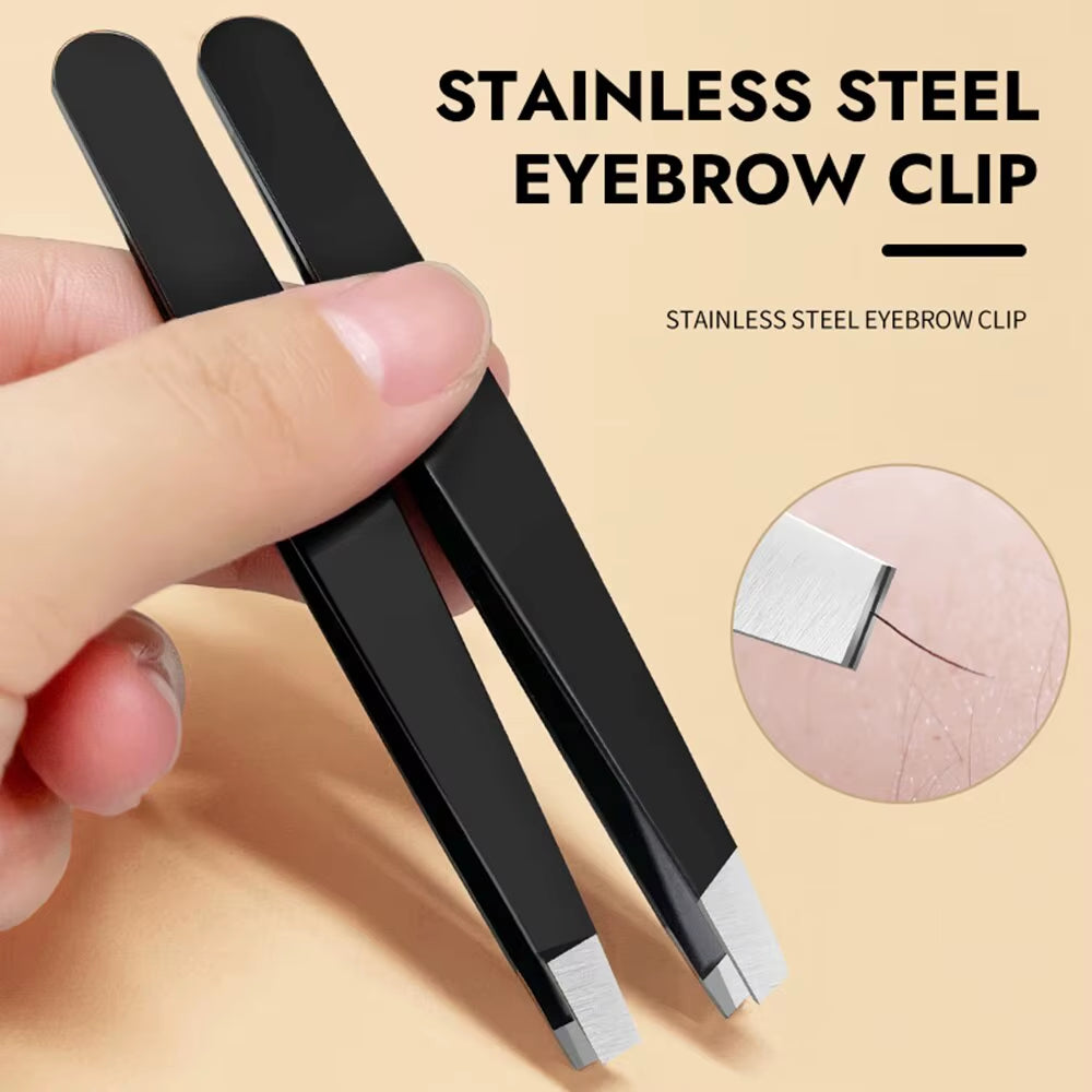 Premium Stainless Steel Black Eyebrow Tweezers with Slant and Flat Tips for Precision Hair Removal