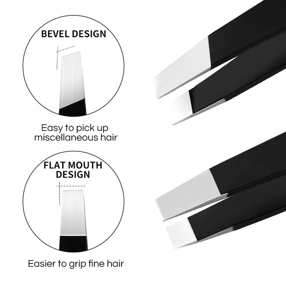 Premium Stainless Steel Black Eyebrow Tweezers with Slant and Flat Tips for Precision Hair Removal