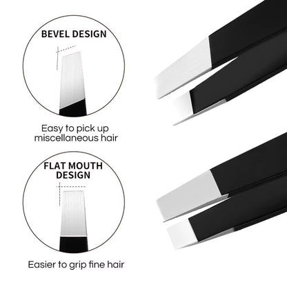 Premium Stainless Steel Black Eyebrow Tweezers with Slant and Flat Tips for Precision Hair Removal