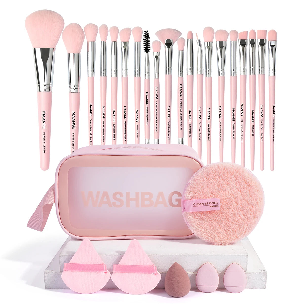 27-Piece Professional Makeup Tools Kit with 20-Piece Foundation, Contour, and Blush Brush Set, Triangle Powder Puff, Makeup Remover Puff, and Travel Bag