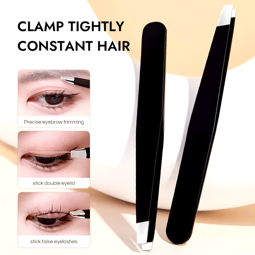 Premium Stainless Steel Black Eyebrow Tweezers with Slant and Flat Tips for Precision Hair Removal