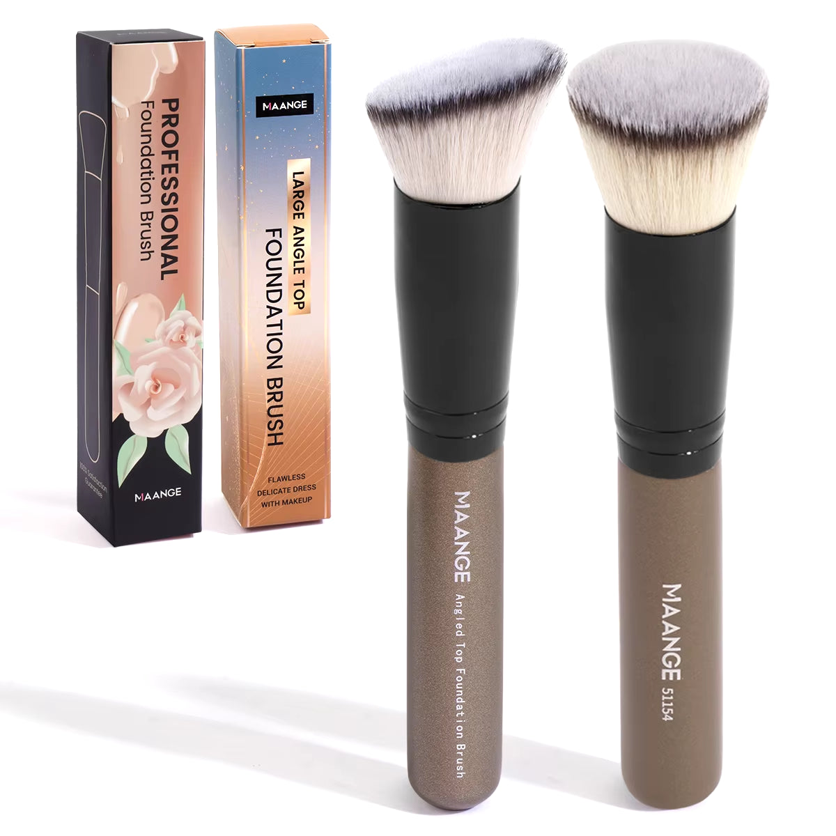 Foundation Makeup Brush Set - 2 Piece Flat Angled Kabuki Powder and Blush Brush for Liquid Application with Soft Bristles