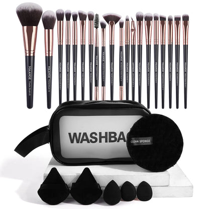 27-Piece Professional Makeup Tools Kit with 20-Piece Foundation, Contour, and Blush Brush Set, Triangle Powder Puff, Makeup Remover Puff, and Travel Bag