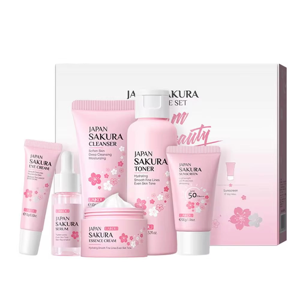 Sakura Facial Cleanser and Anti-Acne Peeling Gel with Eye Cream for Dark Circle Reduction - Complete Skincare Set for Women