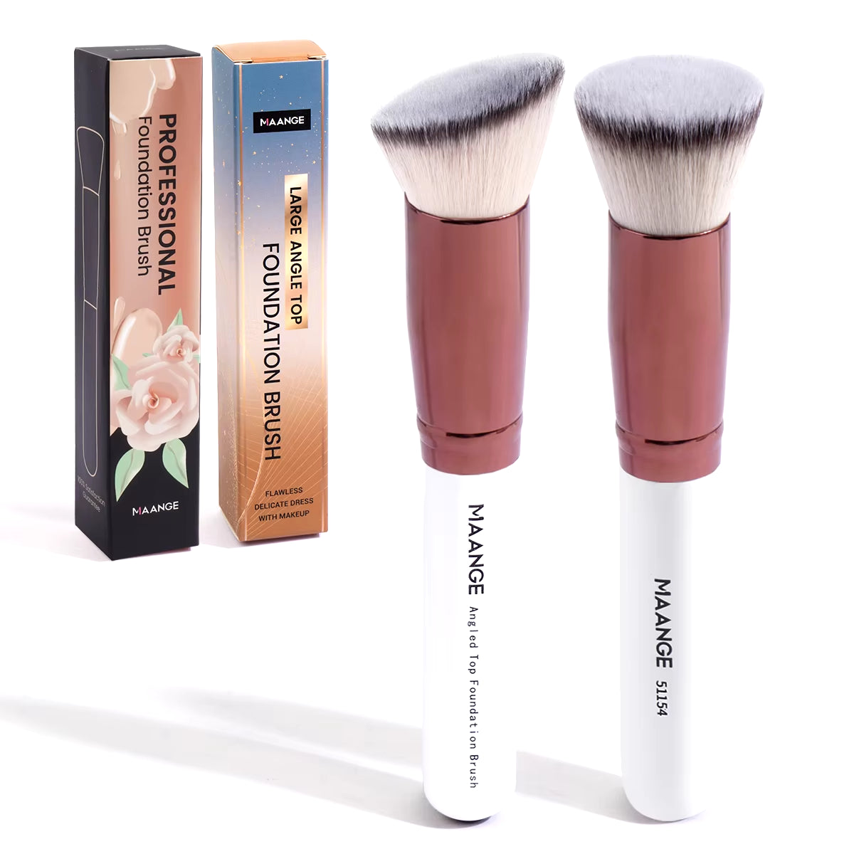 Foundation Makeup Brush Set - 2 Piece Flat Angled Kabuki Powder and Blush Brush for Liquid Application with Soft Bristles