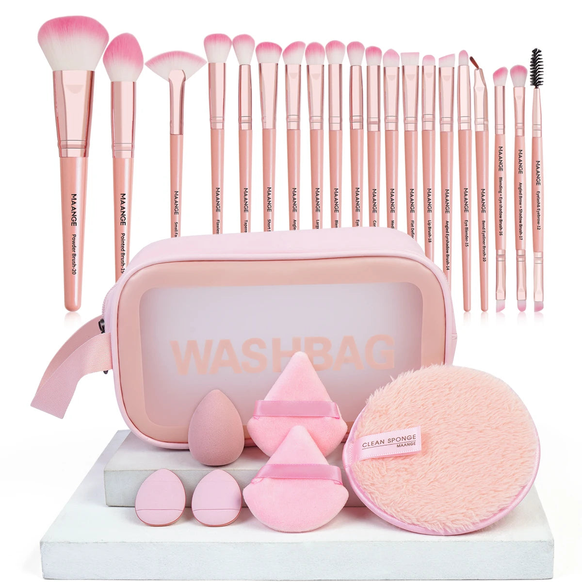 27-Piece Professional Makeup Tools Kit with 20-Piece Foundation, Contour, and Blush Brush Set, Triangle Powder Puff, Makeup Remover Puff, and Travel Bag