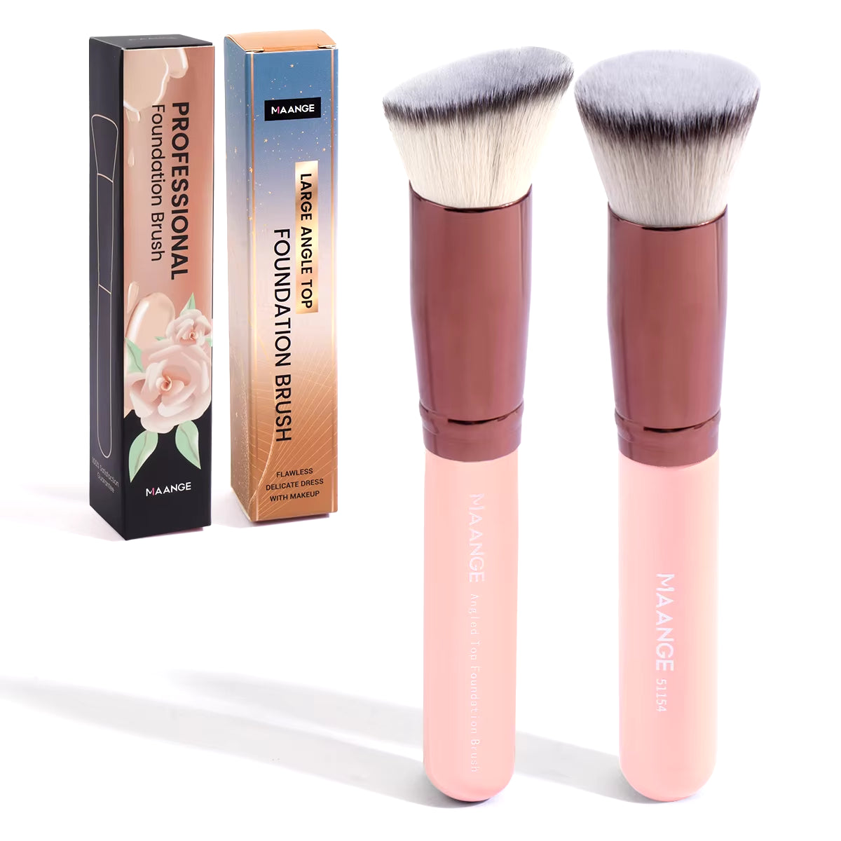 Foundation Makeup Brush Set - 2 Piece Flat Angled Kabuki Powder and Blush Brush for Liquid Application with Soft Bristles